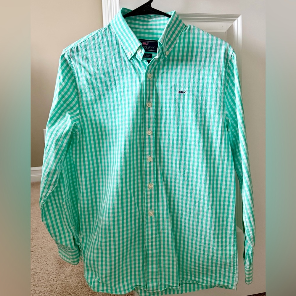 Vineyard Vines Boy’s Mint Green Gingham Button-Down Shirt